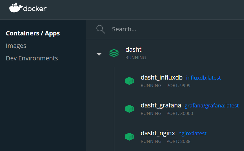 Docker - Dashboard - 3 services running